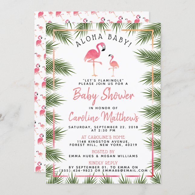 Tropical Palms Watercolor Flamingo Baby Shower Invitation (Front/Back)