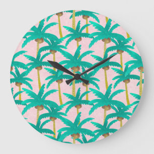 Tropical Palms: Watercolor Summer Pattern Large Clock
