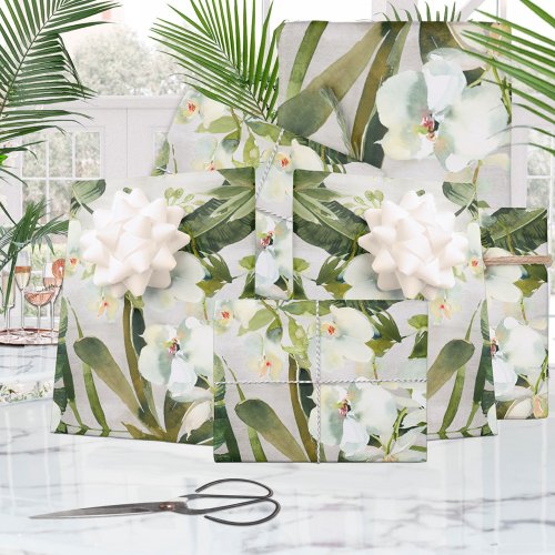 Tropical Palms White Orchid Garden Floral Wrapping Paper Sheets