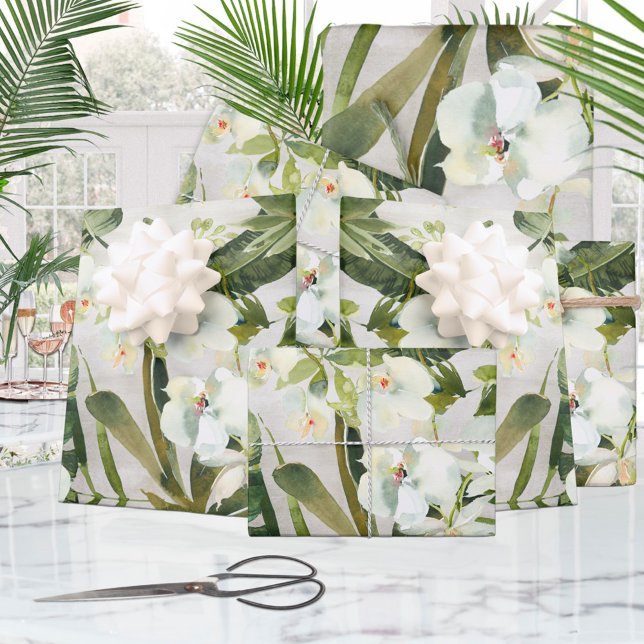 Tropical Palms White Orchid Garden Floral Wrapping Paper Sheets (Creator Uploaded)