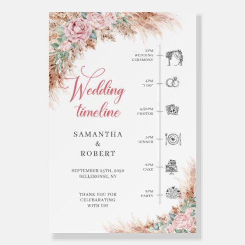 Tropical pampas grass and blush ceremony timeline foam board