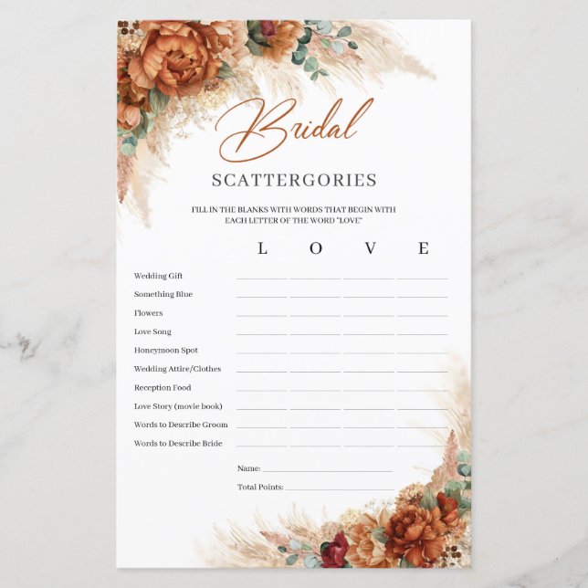 Tropical pampas grass copper Bridal Scattergories (Front)