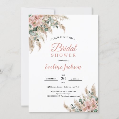 Tropical Pampas Grass Dusty Rose Eucalyptus Bridal Invitation