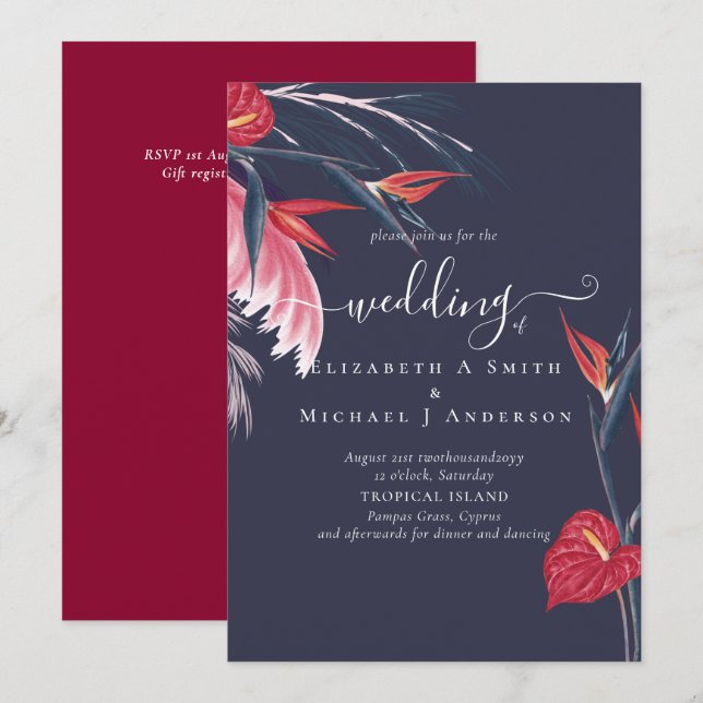 Tropical Pampas Grass Navy Berry Wedding Invitation (Front/Back)
