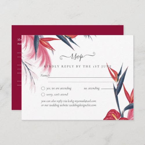 Tropical Pampas Grass Navy Berry Wedding Postcard