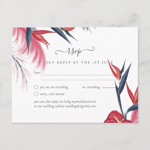 Tropical Pampas Grass Navy Berry Wedding Postcard