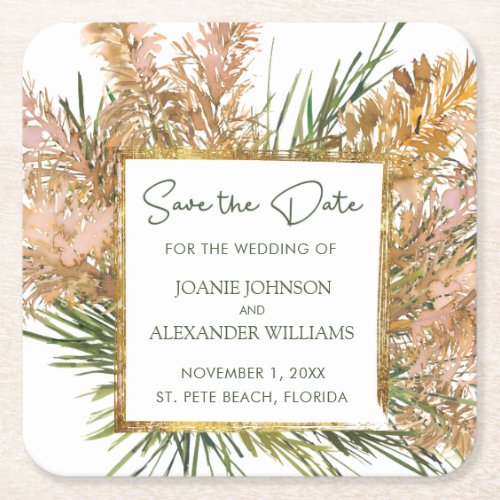 Tropical Pampas Grass Wedding Save the Date Square Paper Coaster