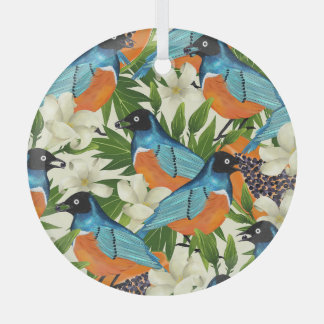 Tropical papaya and bird pattern. glass ornament