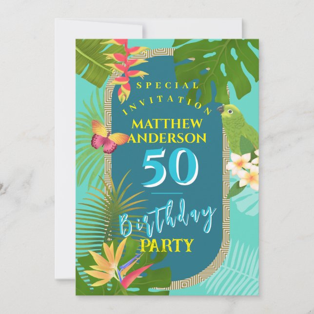 Tropical Paradise 50th Teal Birthday Invitation (Front)