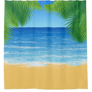Tropical Paradise Beach and Palm Fronds Shower Curtain