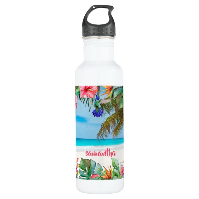 Tropical Paradise Beach Floral Hawaiian Stainless Steel Water Bottle (Front)