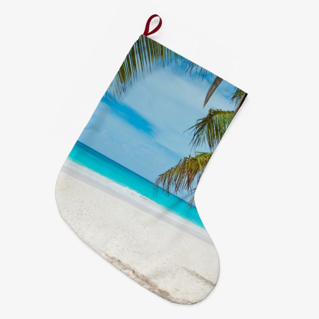 Tropical Paradise Beach Large Christmas Stocking (Front (Hanging))