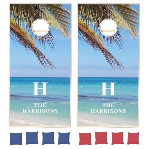 Tropical Paradise Beach Ocean View Monogram Cornhole Set