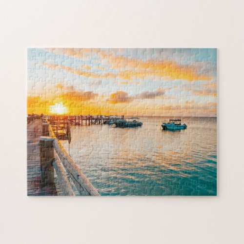 Tropical Paradise Beach Sunset Scene Jigsaw Puzzle