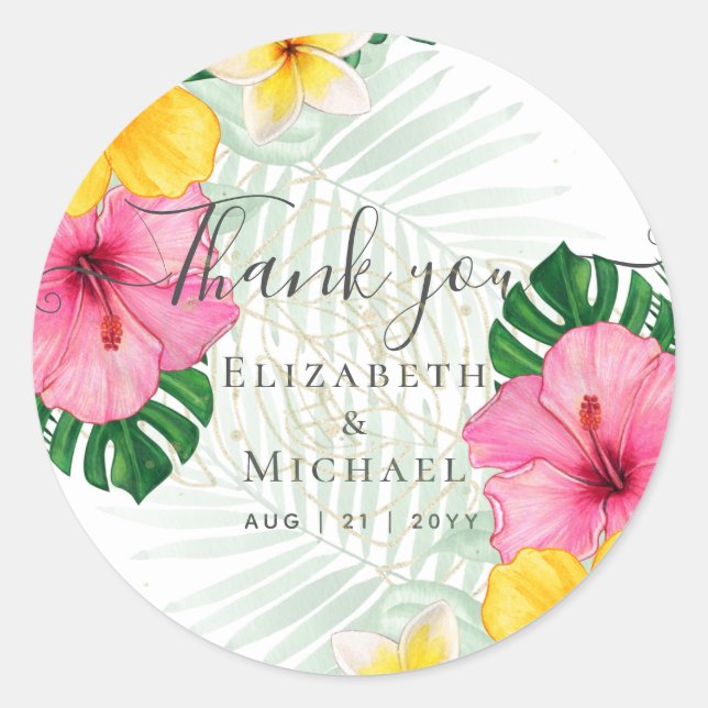 Tropical Paradise Beach Wedding Vibrant Florals Classic Round Sticker (Front)