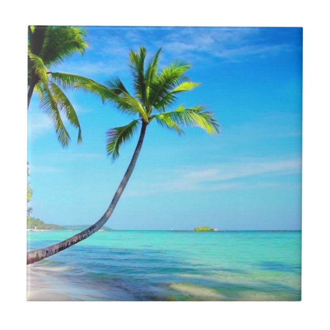 Tropical Paradise Beautiful Beach and Palm Trees  Ceramic Tile (Front)