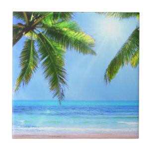 Tropical Paradise - Beautiful Beach, Palm Trees Ceramic Tile