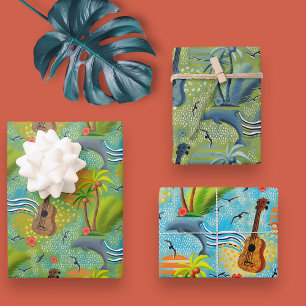 Tropical paradise blue green wrapping paper sheets