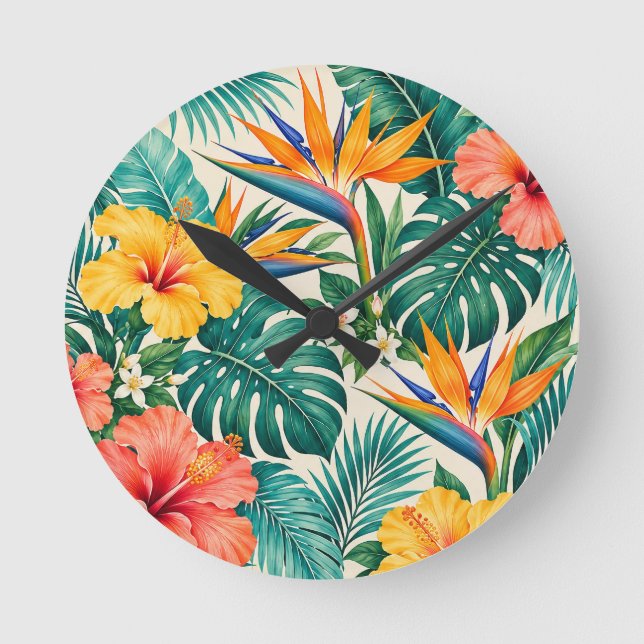 Tropical Paradise Botanical Floral Pattern Round Clock (Front)