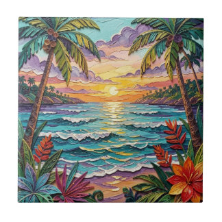Tropical Paradise | Coastal Beach Scene Impasto Ceramic Tile