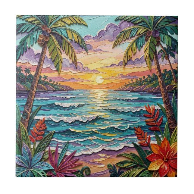 Tropical Paradise | Coastal Beach Scene Impasto Ceramic Tile (Front)