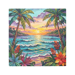 Tropical Paradise   Coastal Beach Scene Impasto Metal Print