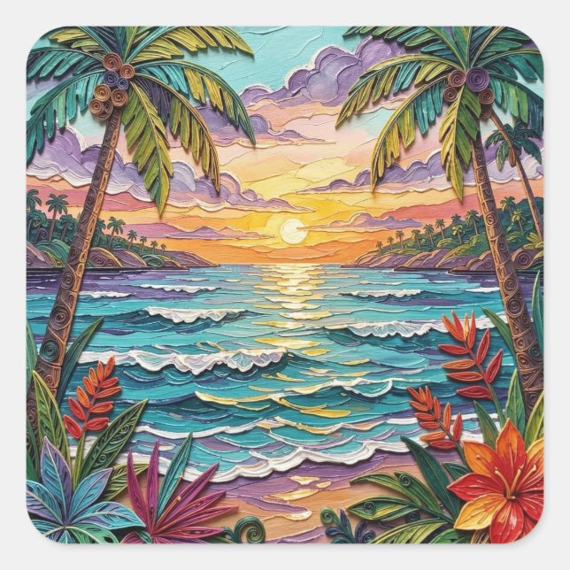 Tropical Paradise | Coastal Beach Scene Impasto Square Sticker (Front)