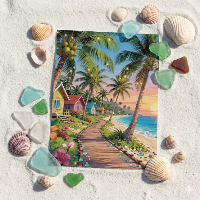 Tropical Paradise Coastal Seaside Cottage Hello Postcard (Creator Uploaded)