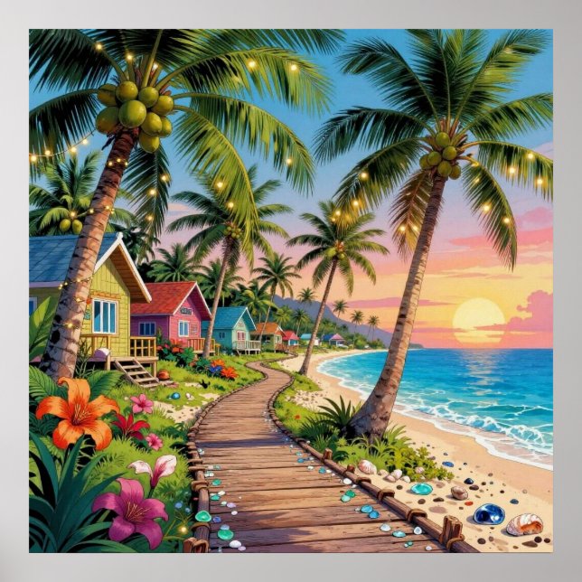 Tropical Paradise Coastal Seaside Cottage Ocean  Poster (Front)