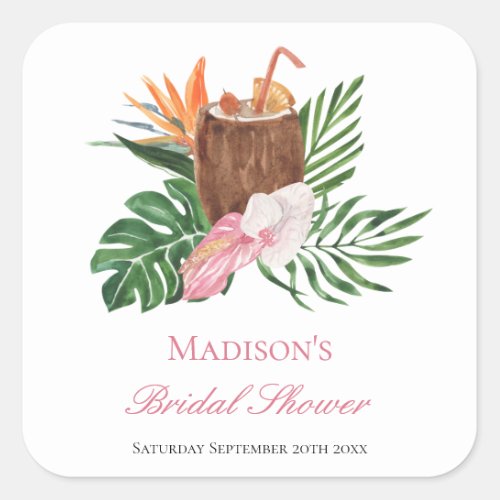 Tropical Paradise Cocktail   Floral Bridal Shower Square Sticker