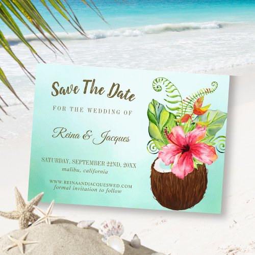 Tropical Paradise Coconut Floral Bouquet Wedding Save The Date