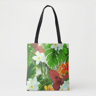 Tropical Paradise Colorful Flowers and Leaves Tote Bag