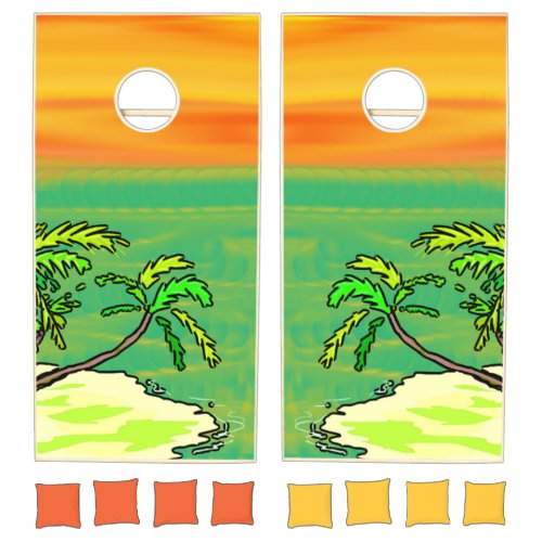 Tropical Paradise Desert Island Orange Sunset Cornhole Set