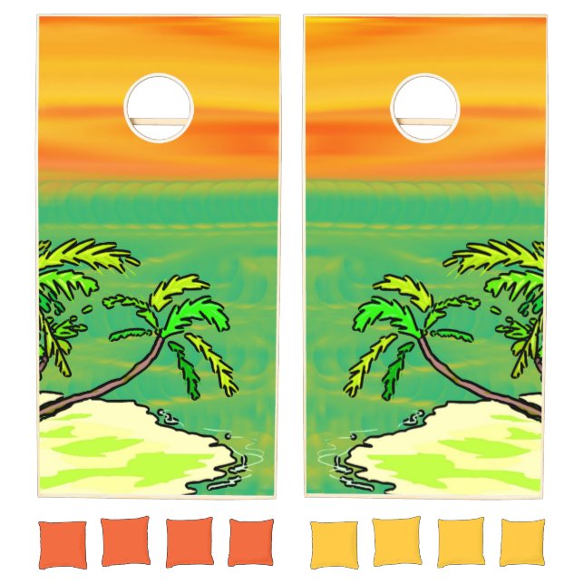 Tropical Paradise Desert Island Orange Sunset Cornhole Set (Set)