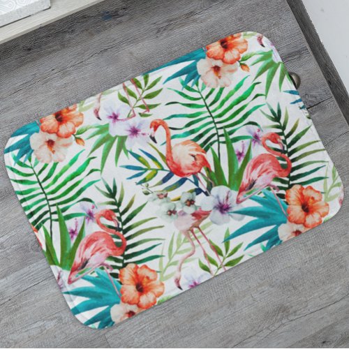 Tropical Paradise Flamingo Flowers Leaves Bathroom Mat