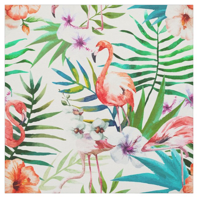 Tropical Paradise Flamingo Flowers Leaves Fabric (Swatch)