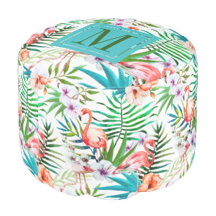 Tropical Paradise Flamingo Flowers Leaves Monogram Pouf