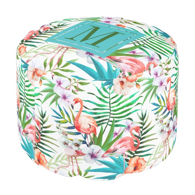 Tropical Paradise Flamingo Flowers Leaves Monogram Pouf (Angled Back)