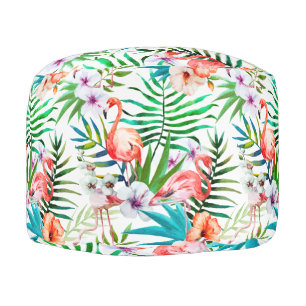 Tropical Paradise Flamingo Flowers Leaves Pouf