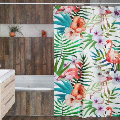 Tropical Paradise Flamingo Flowers Leaves Shower Curtain