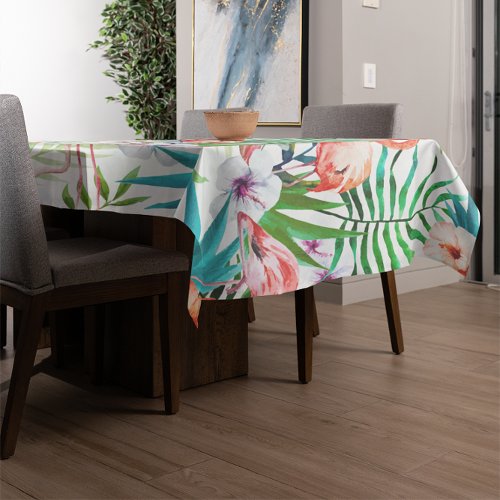 Tropical Paradise Flamingo Flowers Leaves Tablecloth