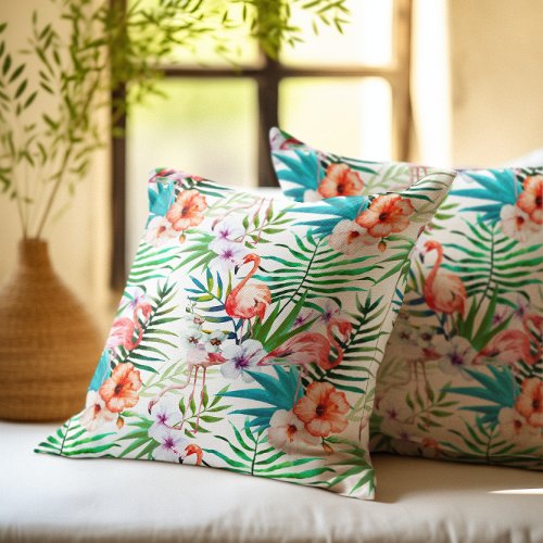 Tropical Paradise Flamingo Flowers Leaves Throw Pillow