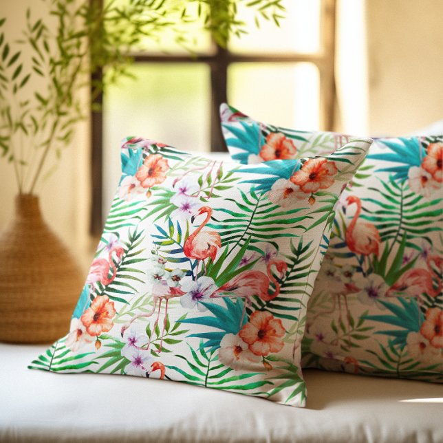 Tropical Paradise Flamingo Flowers Leaves Throw Pillow (Creator Uploaded)