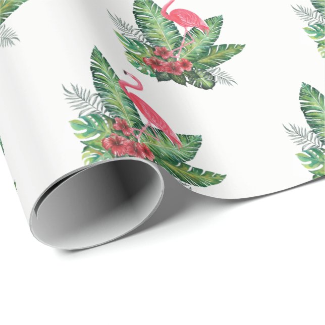 Tropical Paradise Flamingo Hibiscus Flowers Leaves Wrapping Paper (Roll Corner)