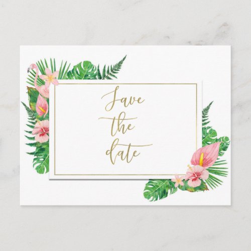 Tropical Paradise Flamingo Leaves Save the Date Announcement Postcard