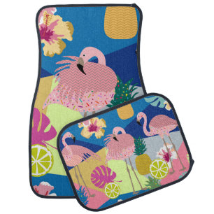 Tropical Paradise: Flamingos Pineapples Dark Car Floor Mat