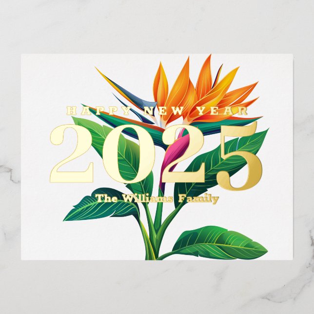 Tropical Paradise Flower Happy New Year 2026 Gold Foil Holiday Postcard (Front)