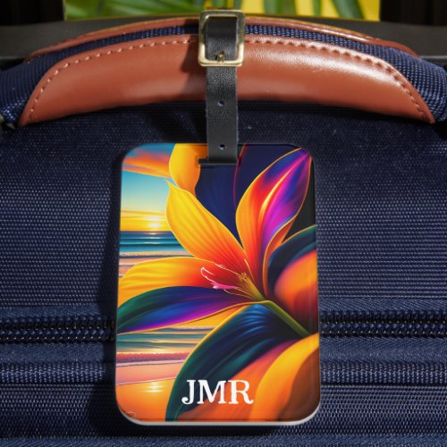 Tropical Paradise Flowers Monogram Luggage Tag