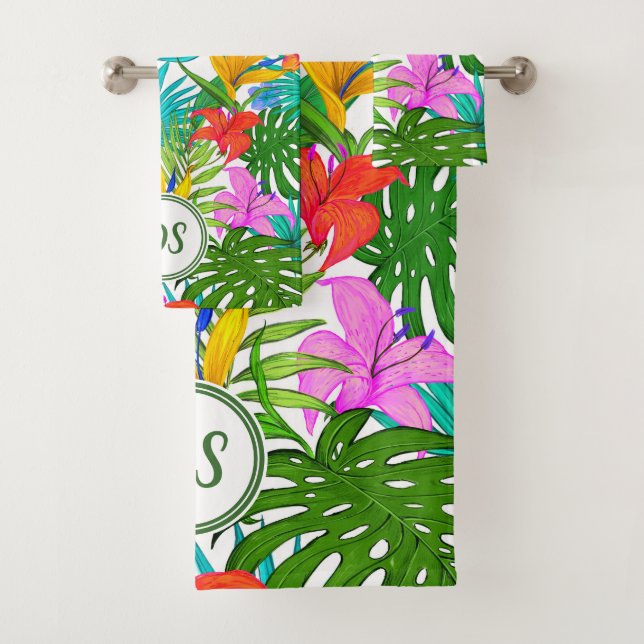 Tropical Paradise Foliage & Flora – Monogram Bath Towel Set (Insitu)