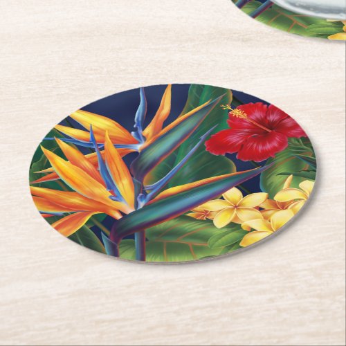 Tropical Paradise Hawaiian Floral Round Paper Coaster
